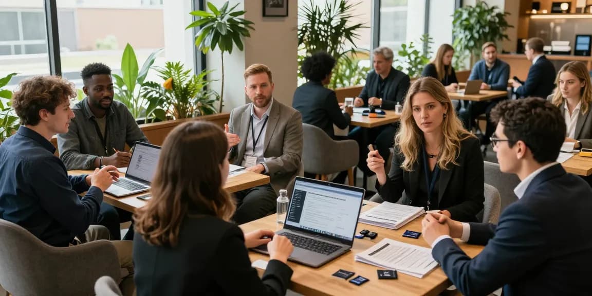 Networking professionals engaging at a conference, showcasing https://aisa.org.uk.