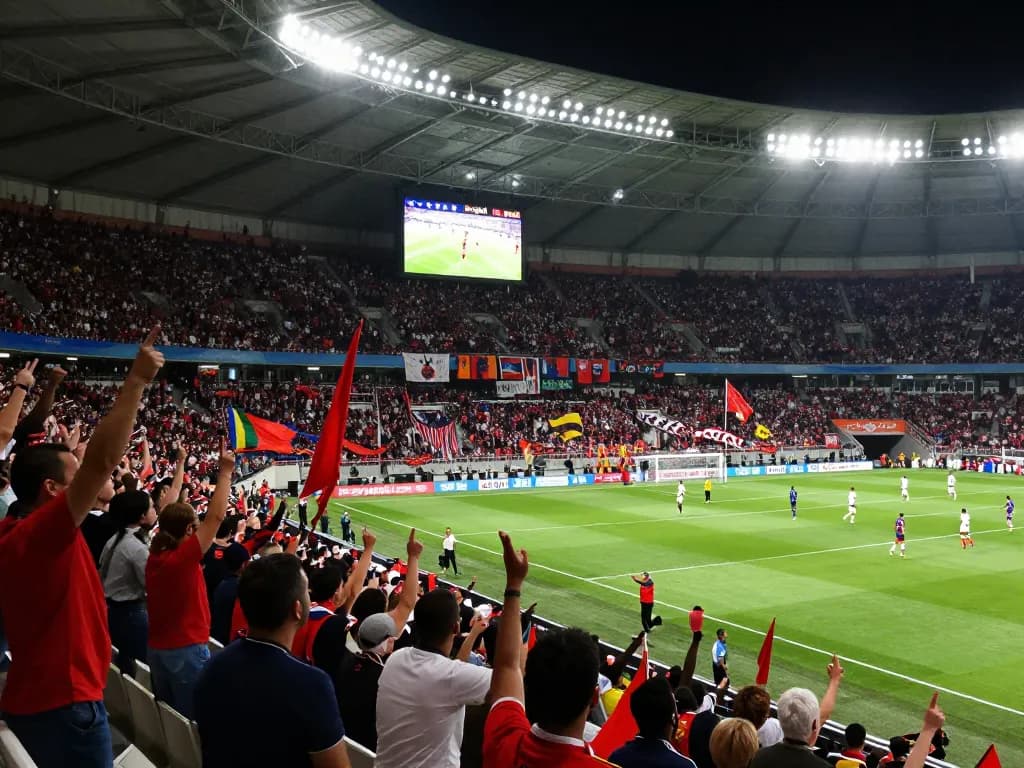 Engaged football fans celebrating a now goal during live match in stadium atmosphere.