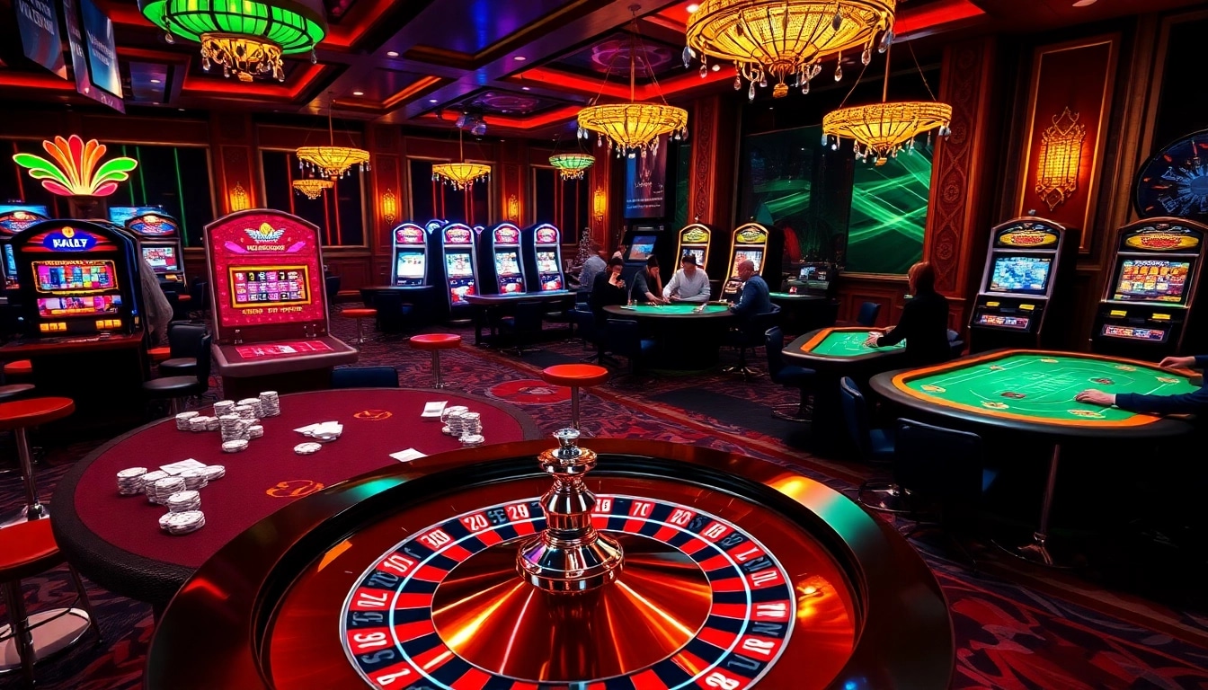 Players at a high-stakes BDJL gaming table surrounded by poker chips and roulette wheels.