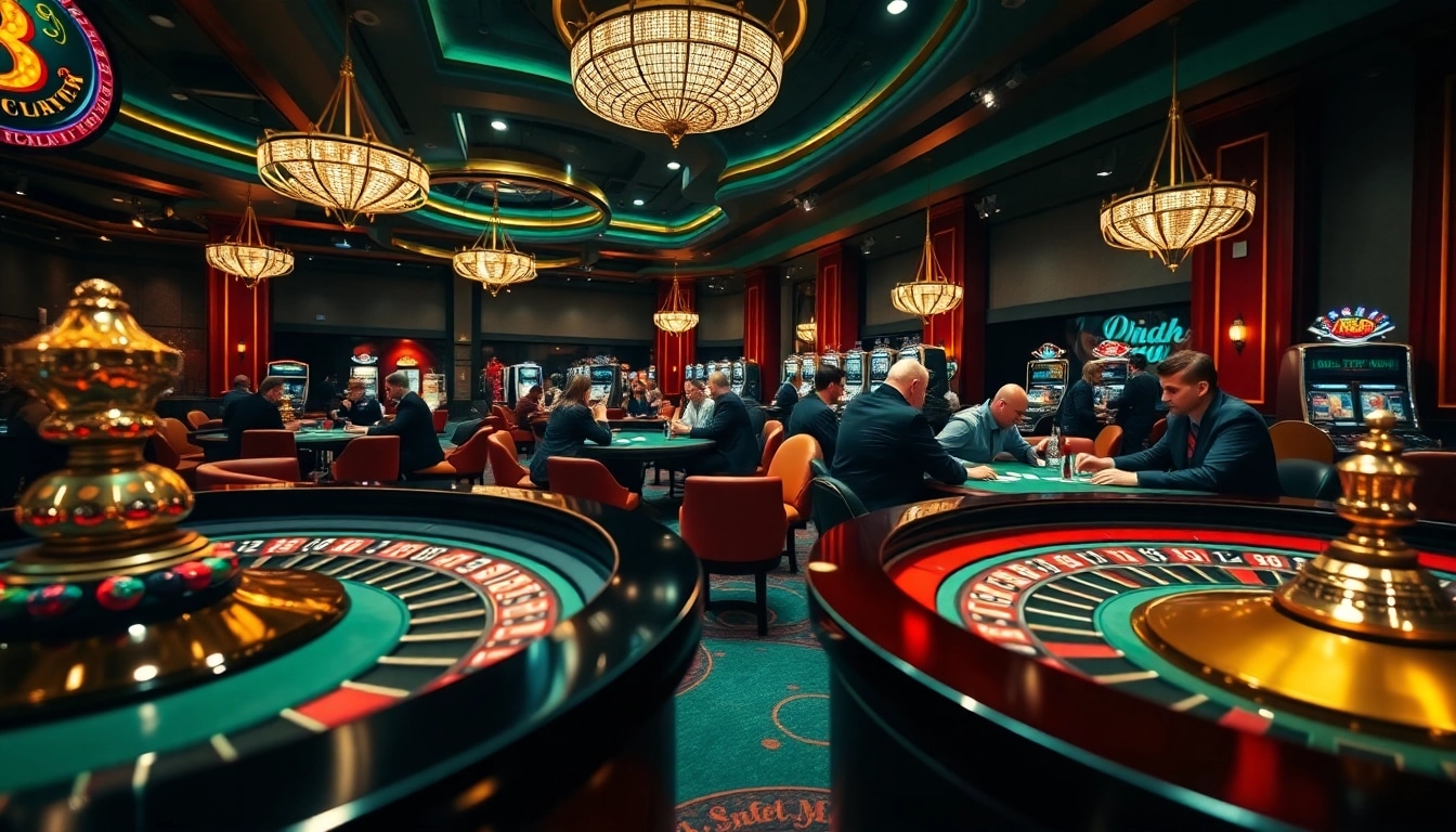 SODO casino scene featuring luxury poker tables and vibrant slot machines, creating an exhilarating atmosphere.