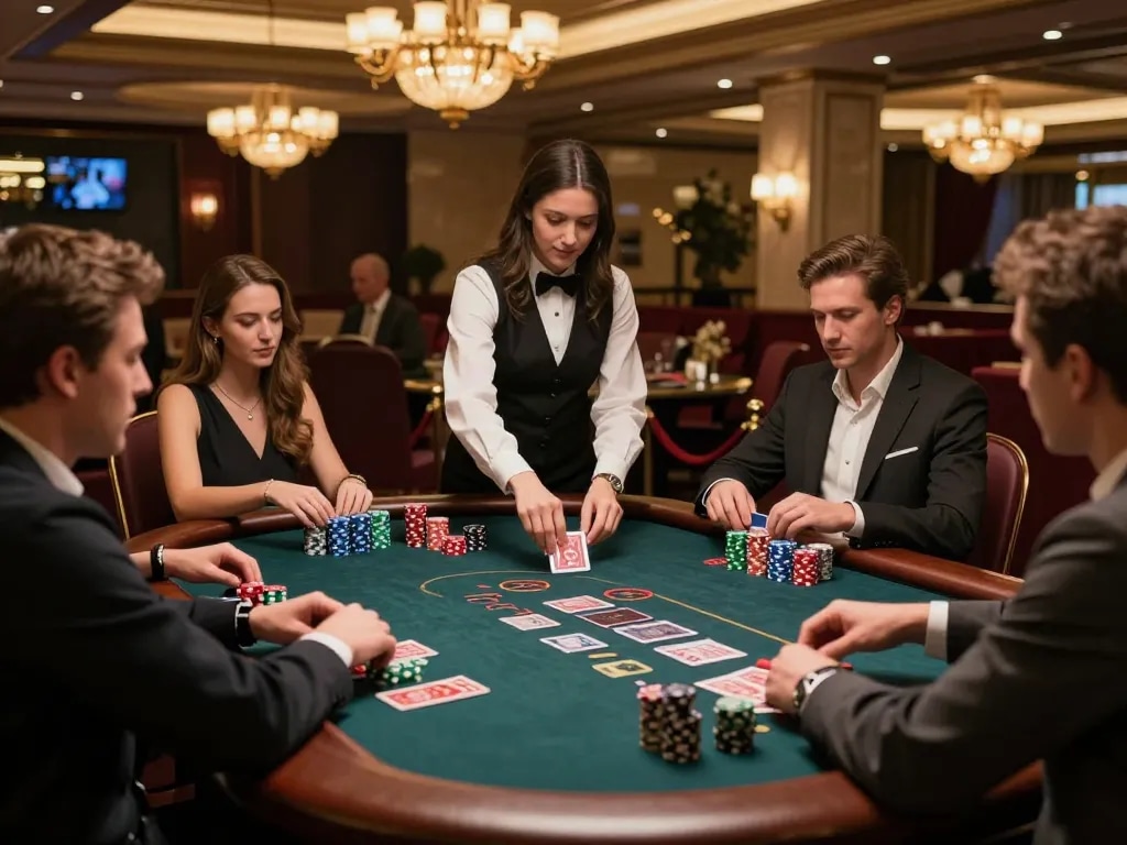 cm88 blackjack players strategizing their bets in a luxurious casino environment.