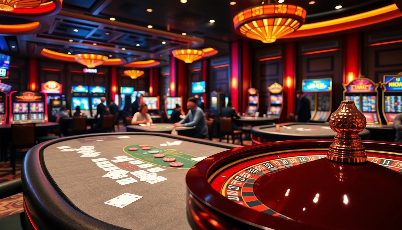 SODO CASINO offers an exciting poker table scene filled with players, chips, and bright slot machines.