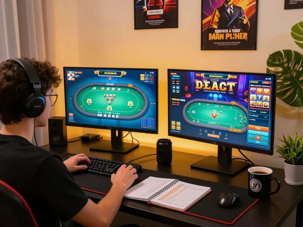 Engaging in game bài đổi thưởng on a modern gaming setup with poker and slots displayed.