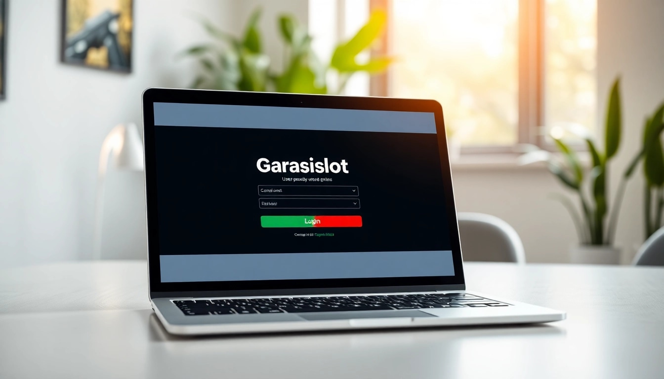 Masuk ke garasislot login dengan tampilan laptop modern di ruang kerja elegan.