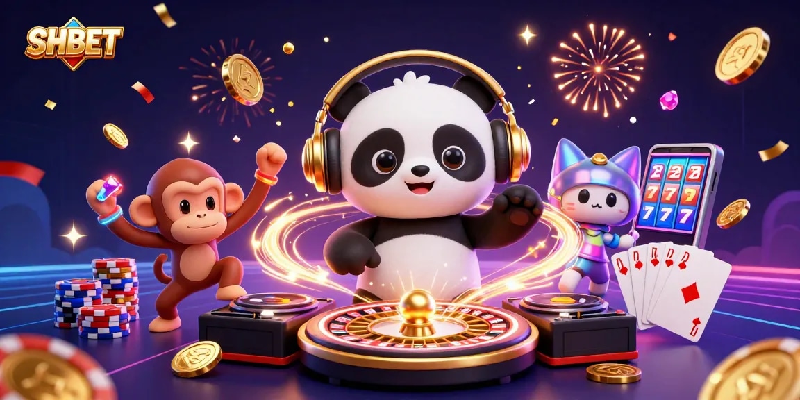 Experience thrilling gameplay at SHBET with a lively DJ panda amidst casino elements!
