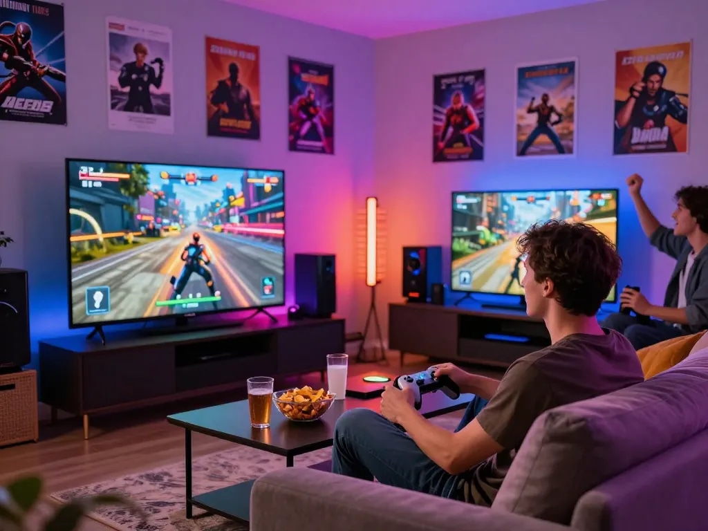 Engaged young man playing interactive porngames on a big screen in a vibrant urban setting