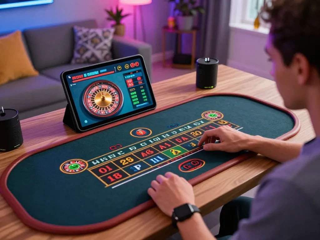 Engaging in online gambling with MM88 TODAY at a stylish home setup, featuring live dealer game on tablet.
