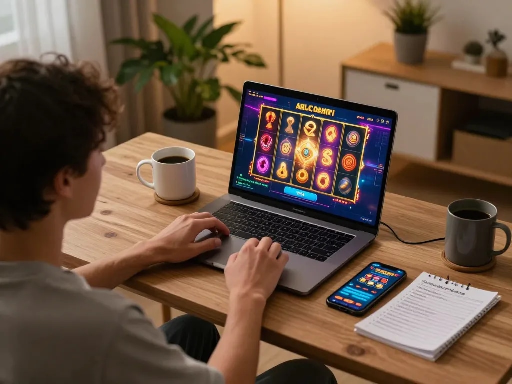 Seorang yang terlibat dalam permainan slot online interaktif menggunakan aman788, menyoroti pengaturan permainan modern di rumah.