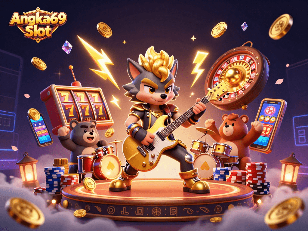 Experience Angka69 Slot with a rock star wolf and a wild bear in a dynamic casino scene.