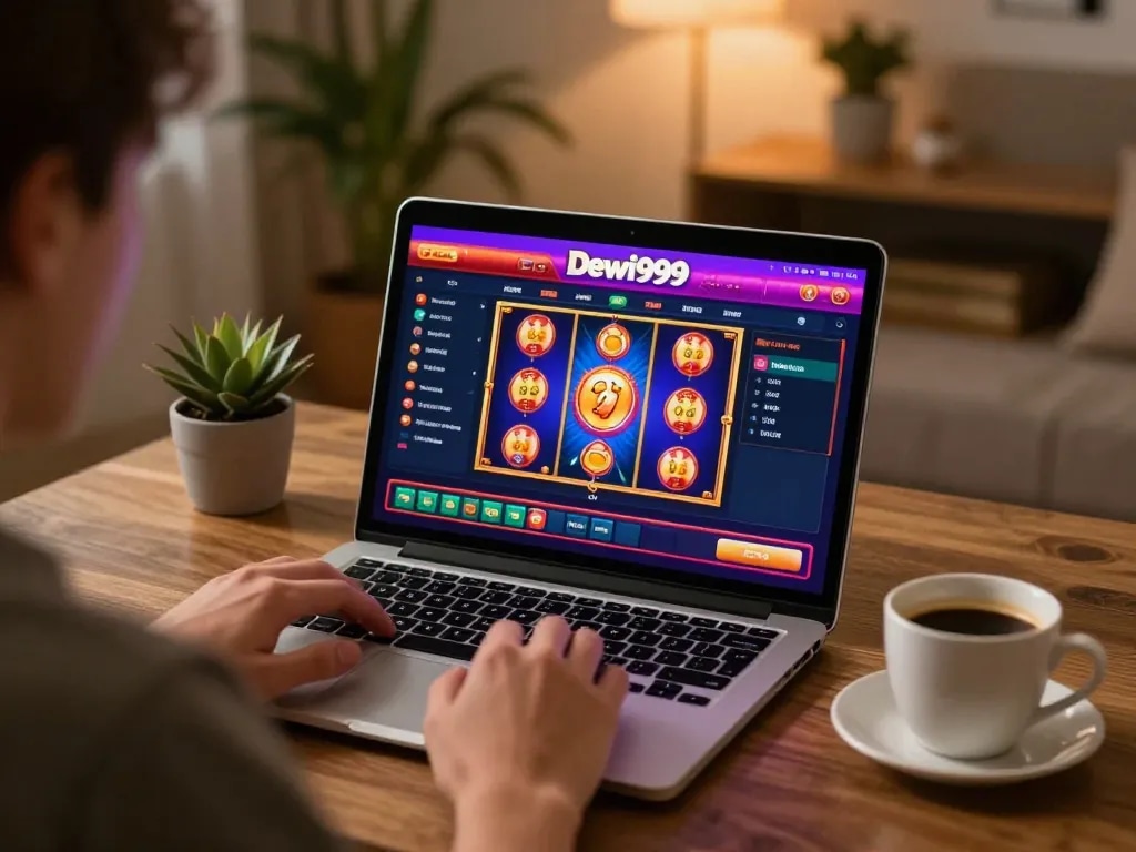 Pemain menikmati permainan kasino online Dewi999 di laptop dalam suasana rumah yang nyaman.
