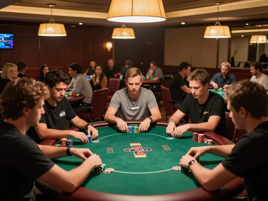 Players engaging in a thrilling game at iwin club poker tournament with vibrant casino ambiance.