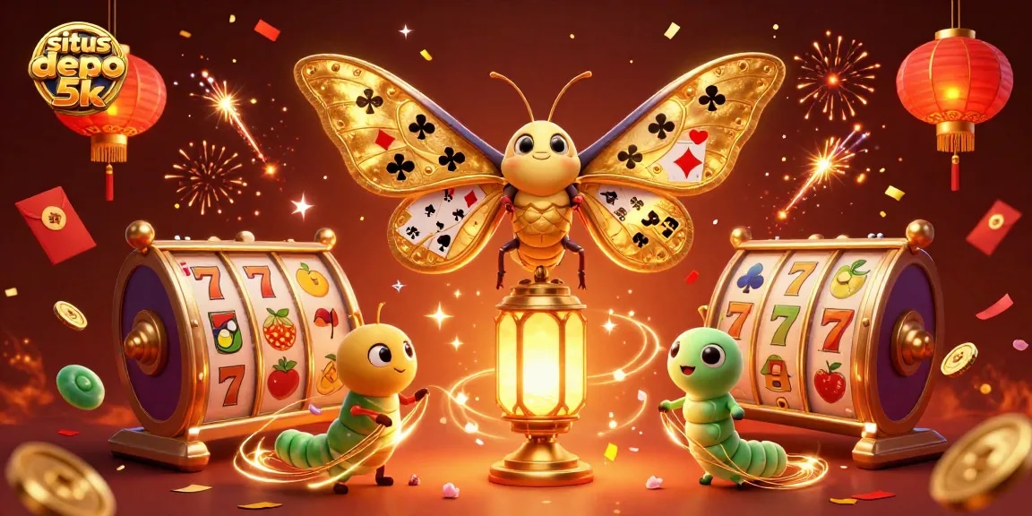 Engage with situs depo 5k through vivid 3D slot reels and golden butterflies in an enchanting casino scene.