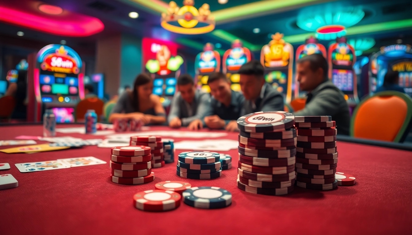 Excited players at a vibrant 68win casino table, filled with cards and chips.
