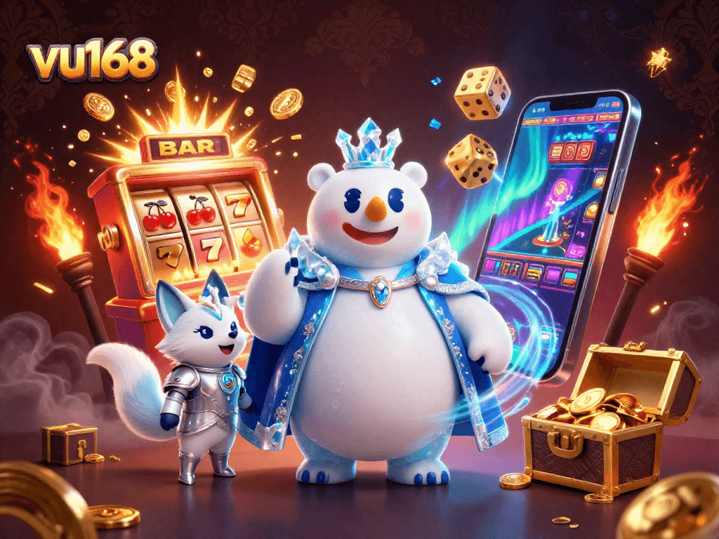 Experience multiple casino games at vu168, featuring an exciting slot machine and vibrant characters.