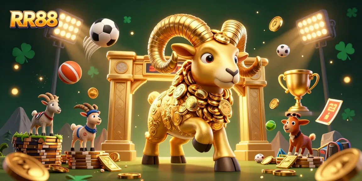 RR88 showcases an exhilarating casino scene with a golden ram charging through a vibrant backdrop.