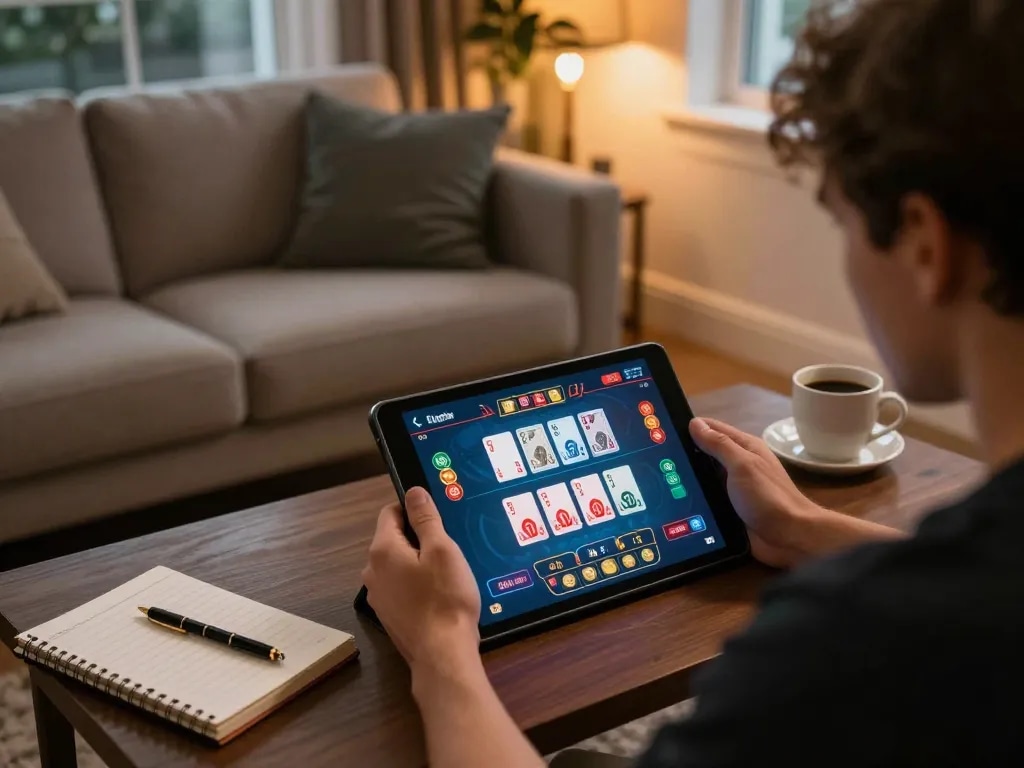 Engaged player enjoying a live dealer game on bl555 platform from a cozy home setup.
