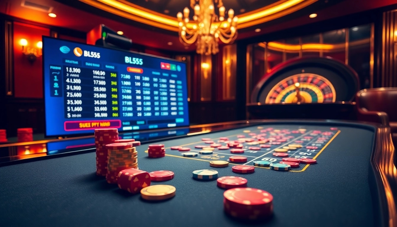 Experience excitement with BL555's vibrant casino scene featuring poker chips and a roulette wheel.