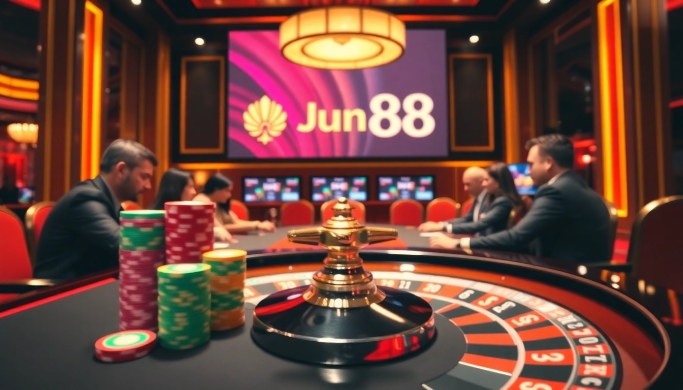 Experience high-stakes poker at Jun88 with vibrant chips and an exciting casino atmosphere.