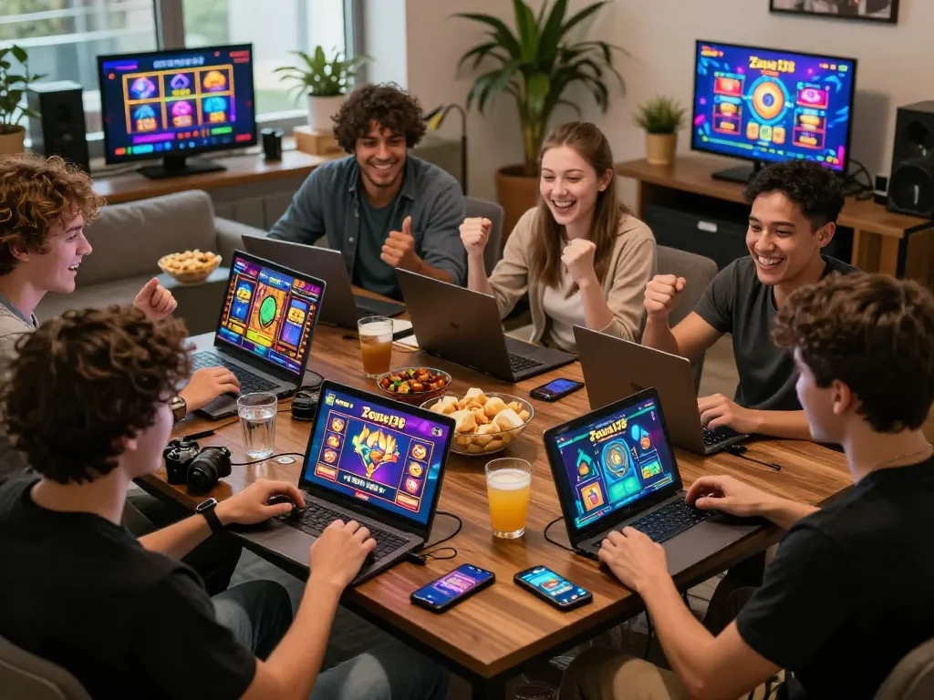 Excited players enjoying Zeus138 slot games in a vibrant lounge atmosphere.