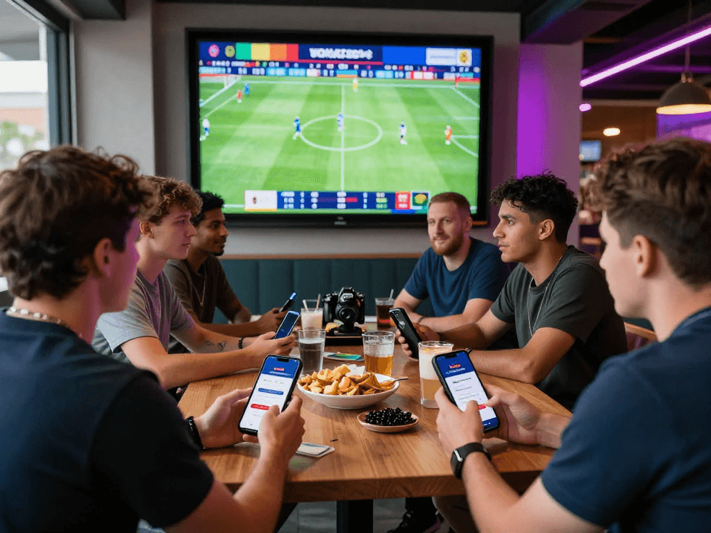 SBOBET login screen visible as avid soccer fans engage in live betting at 2026 World Cup.