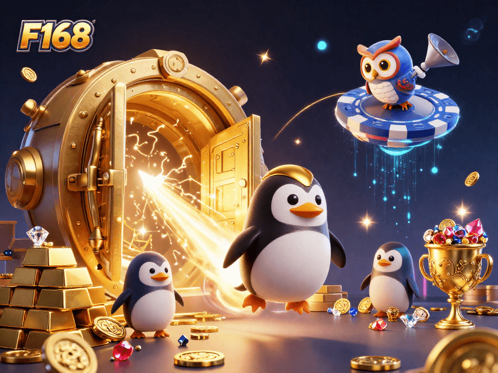 Experience the thrill of F168 with a golden penguin soaring towards a casino space station!