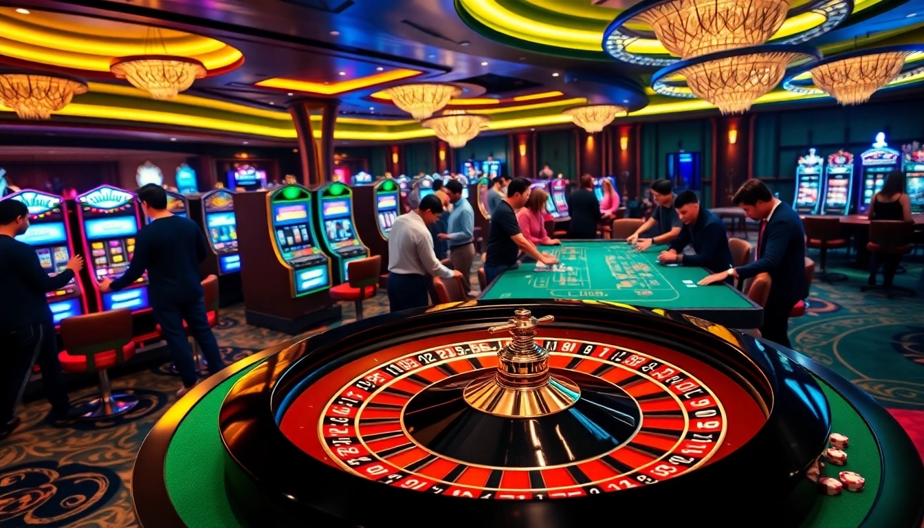 Players enjoy exciting casino games at 99win, showcasing roulette, slots, and poker tables in a vibrant atmosphere.