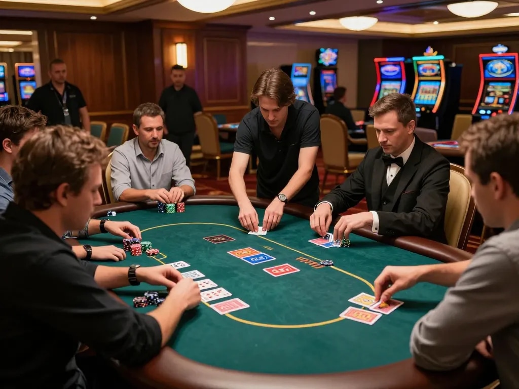 uu88 poker players engaged in strategic gameplay at a luxury casino table during an exciting game.