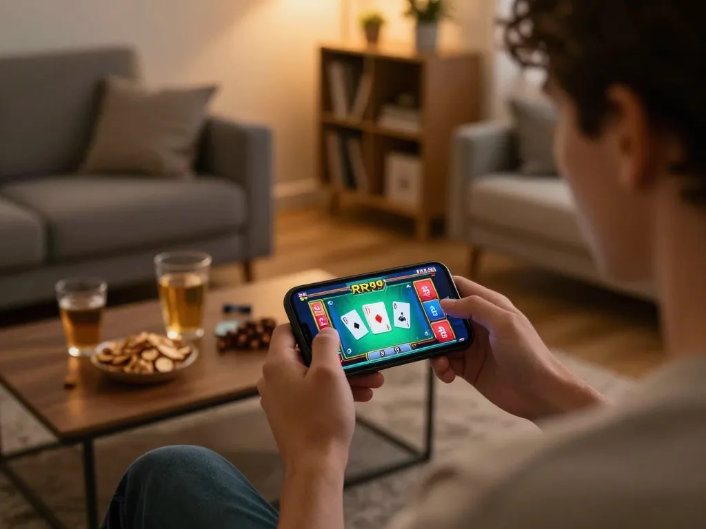 Player engages in online gambling on RR99 using smartphone, showcasing a colorful interface.