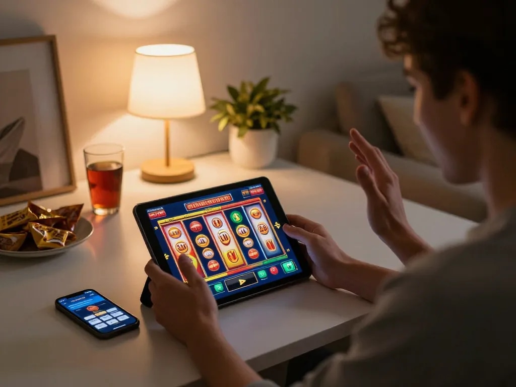 Player celebrating a big win at 98win online slots, surrounded by cozy home decor and gaming essentials.