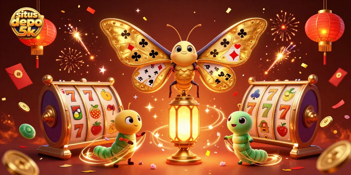 Engage with situs depo 5k through vivid 3D slot reels and golden butterflies in an enchanting casino scene.
