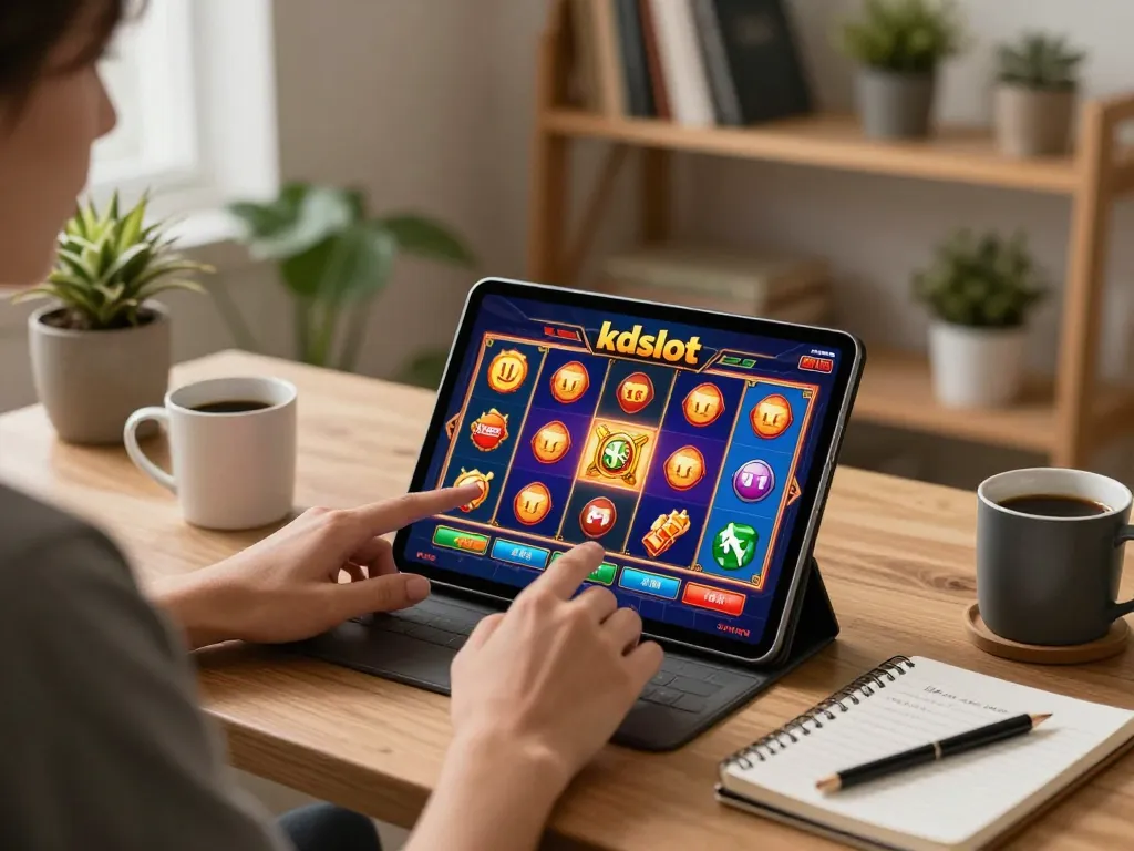 Engaging in kdslot online gameplay on a tablet in a cozy home office environment.
