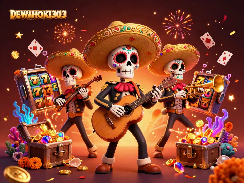 DEWAHOKI303 hadir dalam ilustrasi meriah dengan band mariachi skeleton serta simbol jackpot yang berkilau.