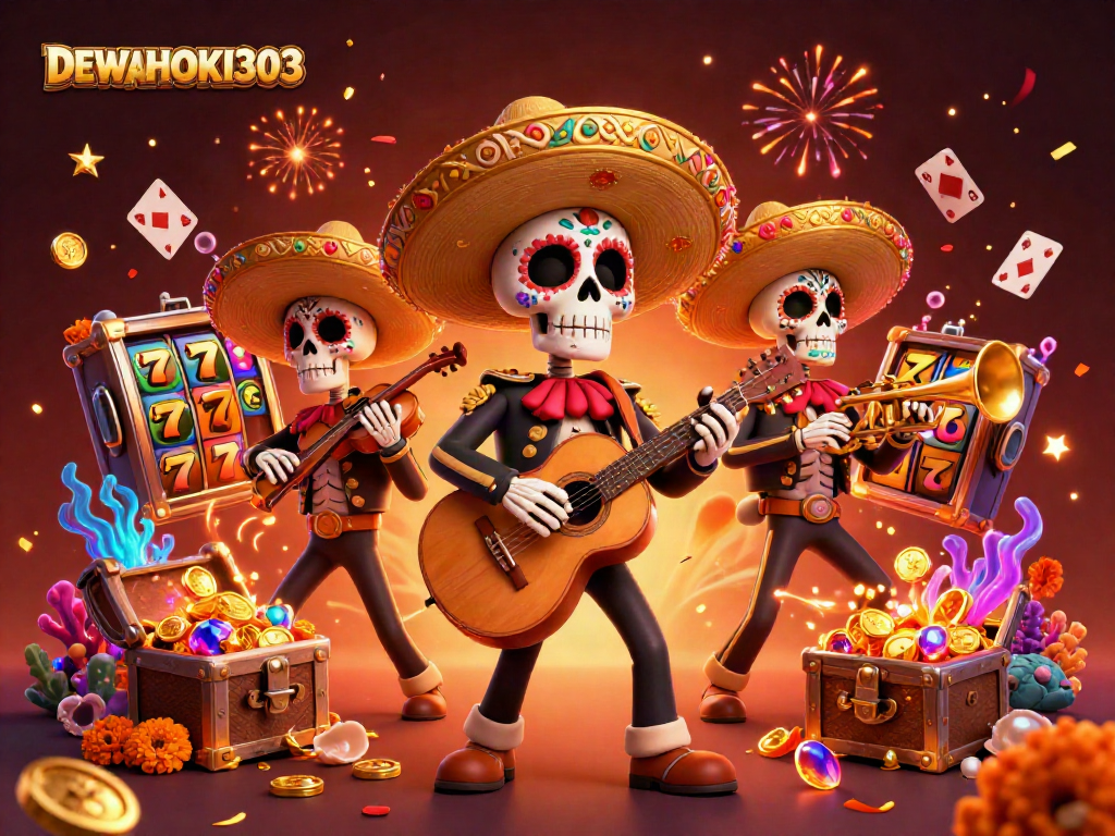 DEWAHOKI303 hadir dalam ilustrasi meriah dengan band mariachi skeleton serta simbol jackpot yang berkilau.