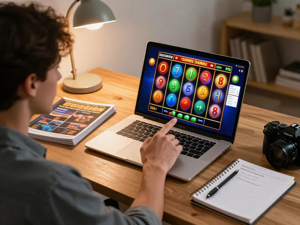 Player engaging with slot online game on laptop, showcasing responsible gaming elements and enjoyable home atmosphere.
