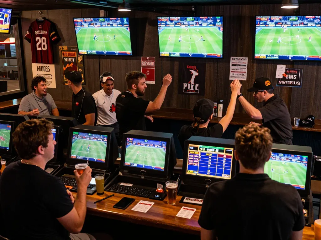 lu88 engaging patrons placing bets in a lively sports bar with multiple screens.