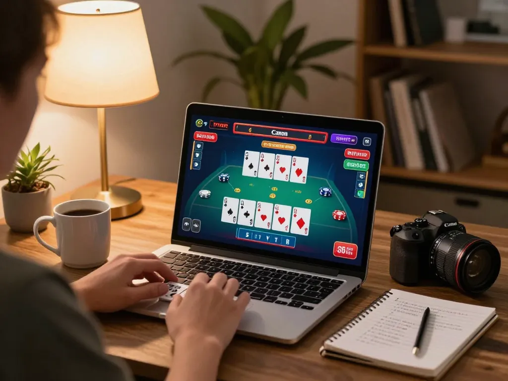 MM 99 player engaged in blackjack on laptop in a cozy living room, showcasing strategy.
