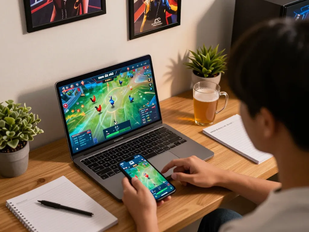 xem đá gà trực tiếp HD trên một thiết bị hiện đại với laptop và smartphone đang trình chiếu các trận đấu trực tiếp