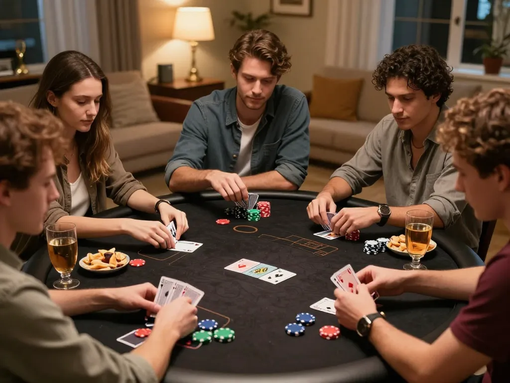 Friends enjoying a poker game at home, showcasing qh88eu atmosphere of friendly competition and strategic fun.