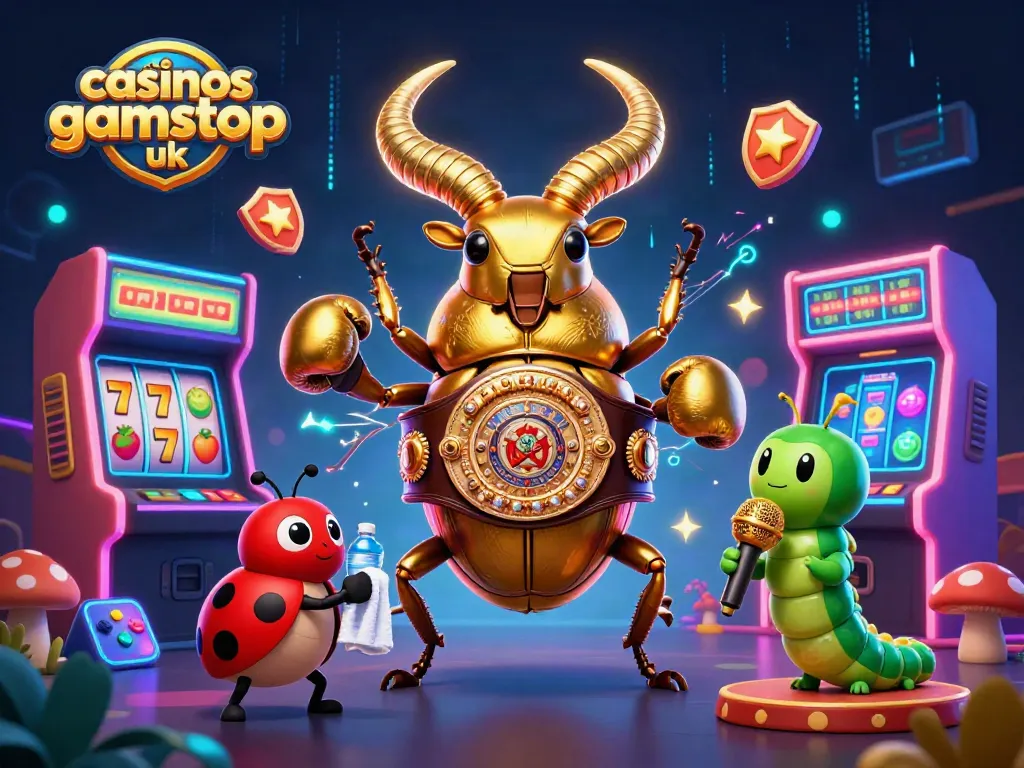 Engage in fun at casinos not on gamstop uk featuring a giant beetle boxer, arcade games, and colorful elements.