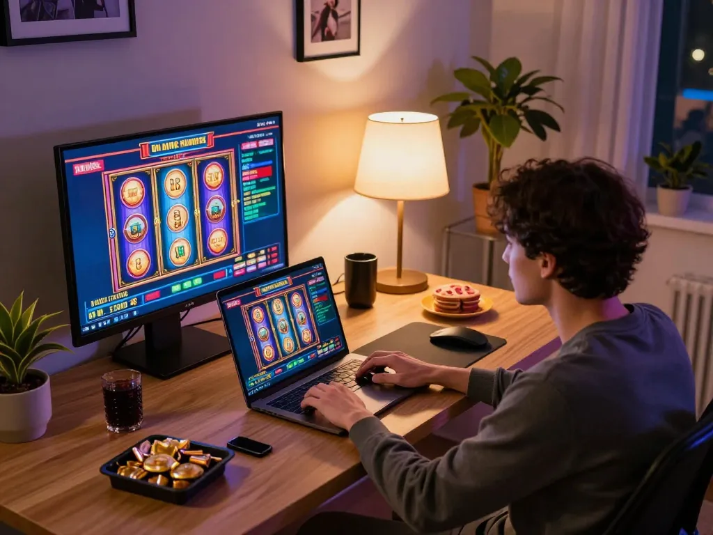 Enjoying the best online casino Malaysia on a laptop with vibrant slots and snacks.