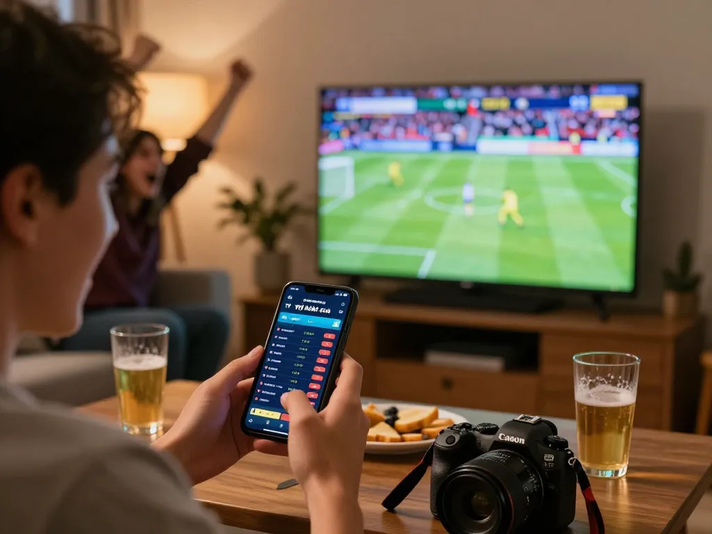 Check tỷ lệ nhà cái while enjoying live sports in a cozy home, smartphone highlights action.