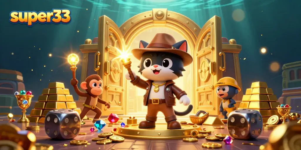 Reveal thrilling gameplay in super33 with an animated 3D cat explorer and treasures in a vibrant casino.