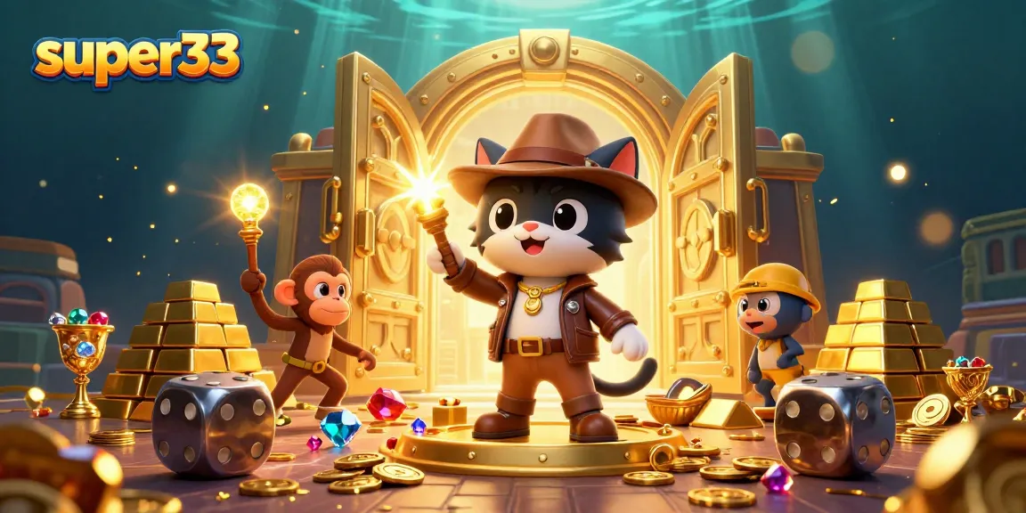 Reveal thrilling gameplay in super33 with an animated 3D cat explorer and treasures in a vibrant casino.