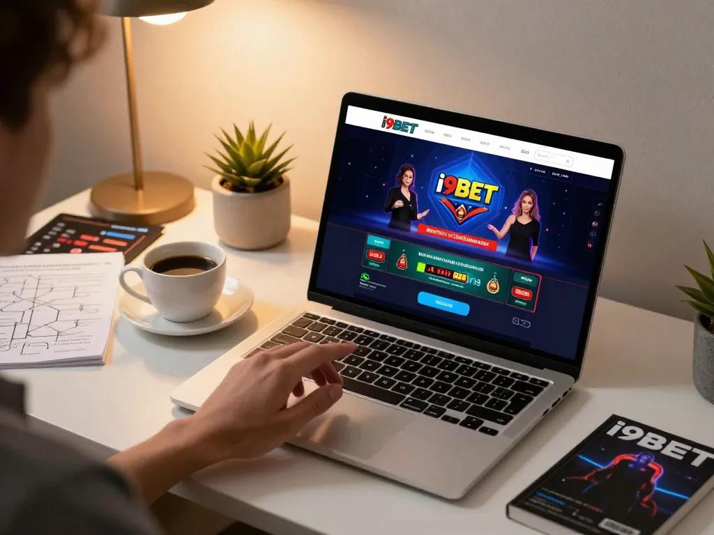 Playing i9BET casino games on a modern laptop in a cozy home office environment.