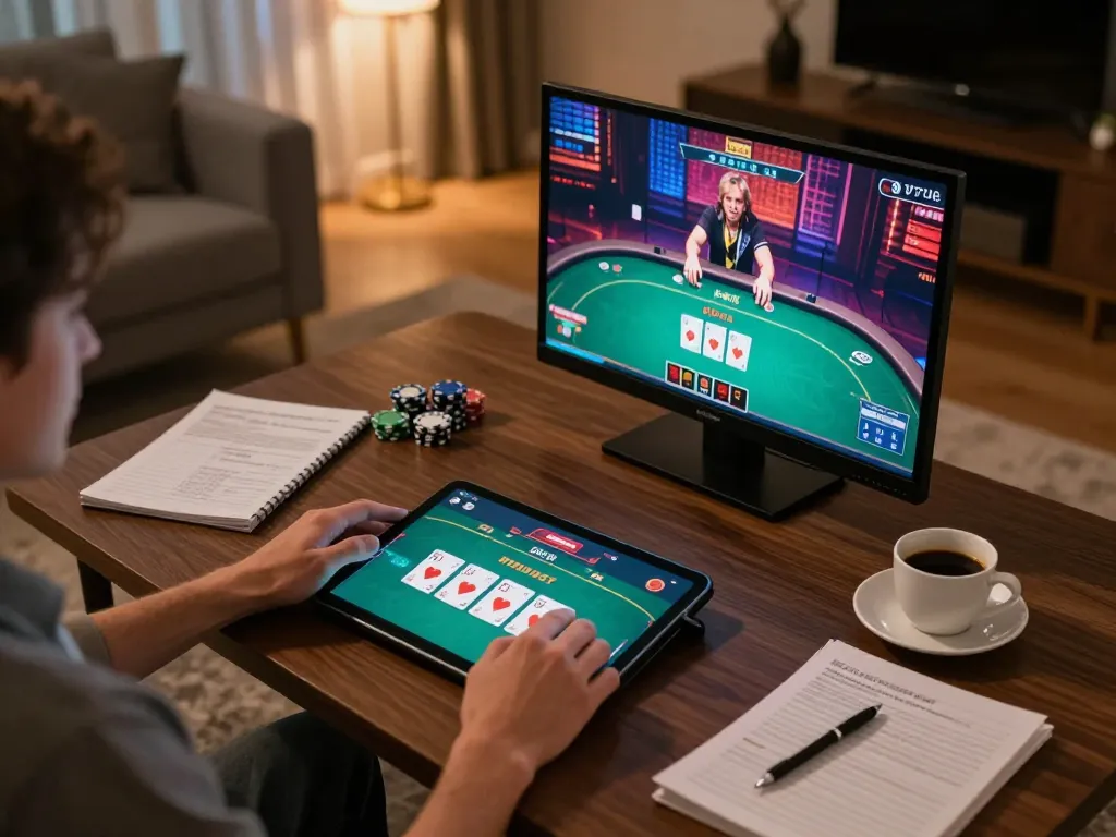 Player engaged in online gaming at trang chủ mm88 with poker table display and strategy notes in cozy setting