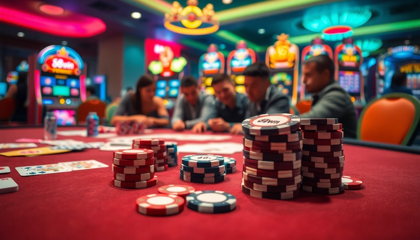 Excited players at a vibrant 68win casino table, filled with cards and chips.
