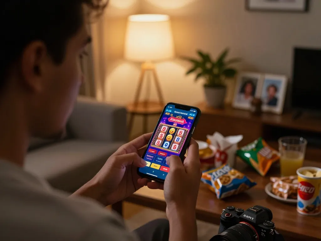 Engaging gameplay on South African Online Casinos app with smartphone displaying vibrant slot machine graphics in a cozy home setting