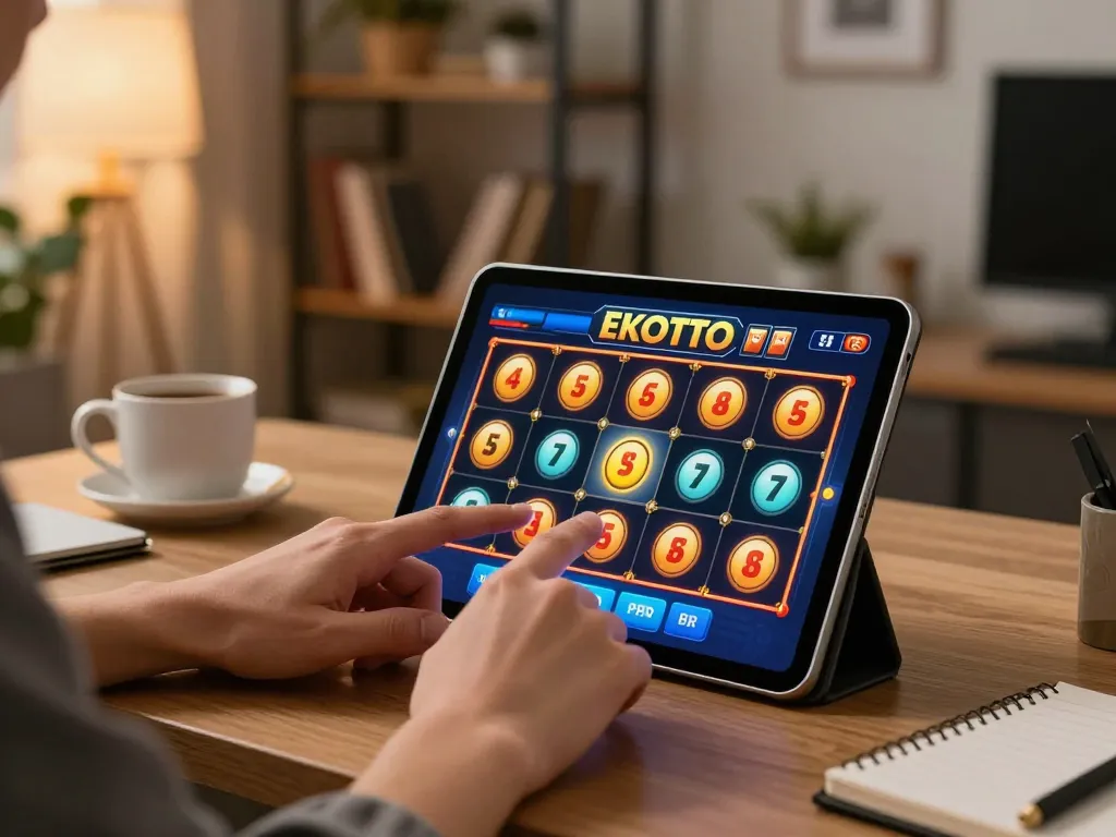 Pemain EKOTOTO yang berinteraksi dengan tablet di pengaturan permainan modern, menyoroti perjudian online yang interaktif