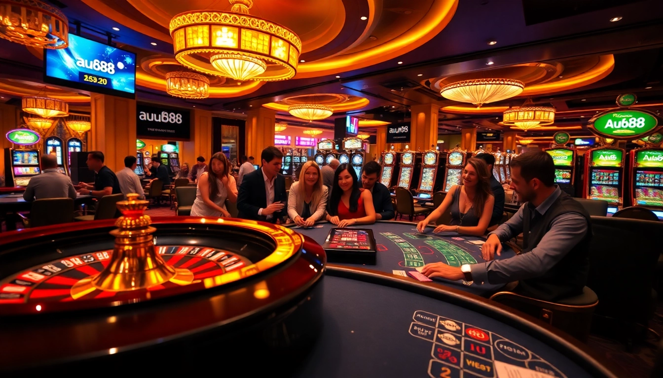 Engage in thrilling casino games at au88 with vibrant roulette wheels and slot machines.