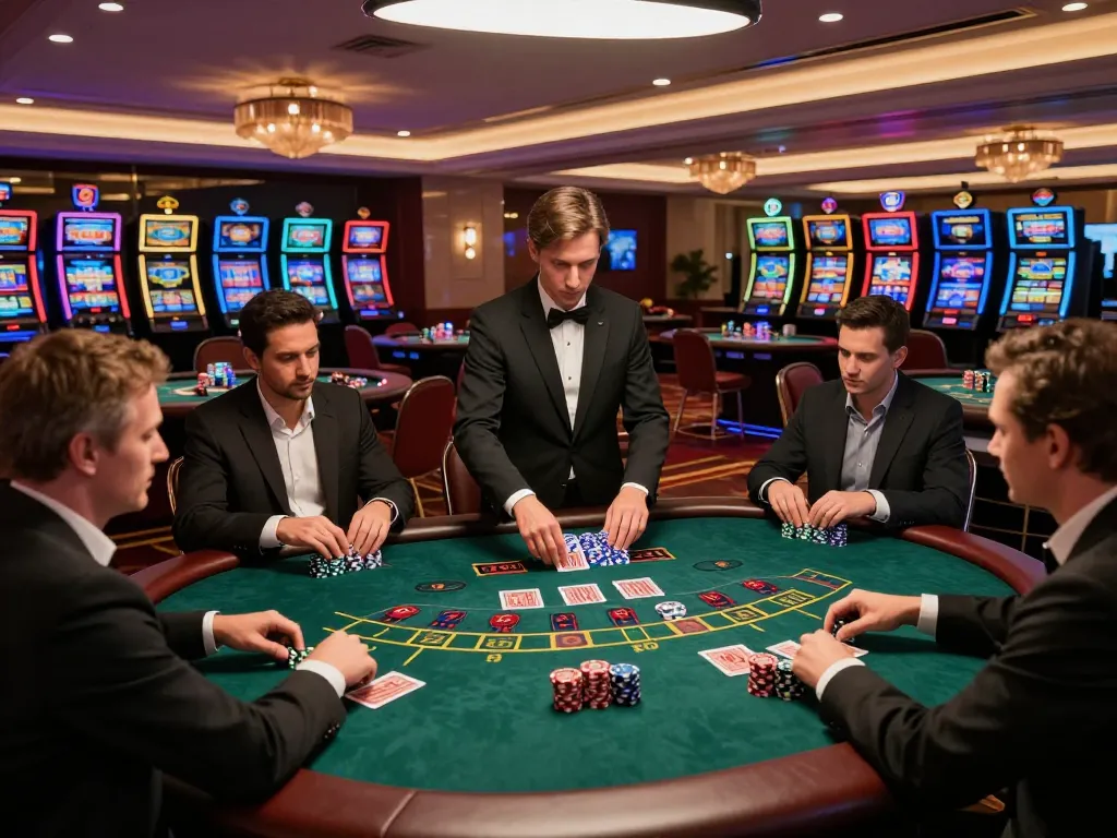 JUARA88 players engage intensely in a lively blackjack game, showcasing excitement and strategy.